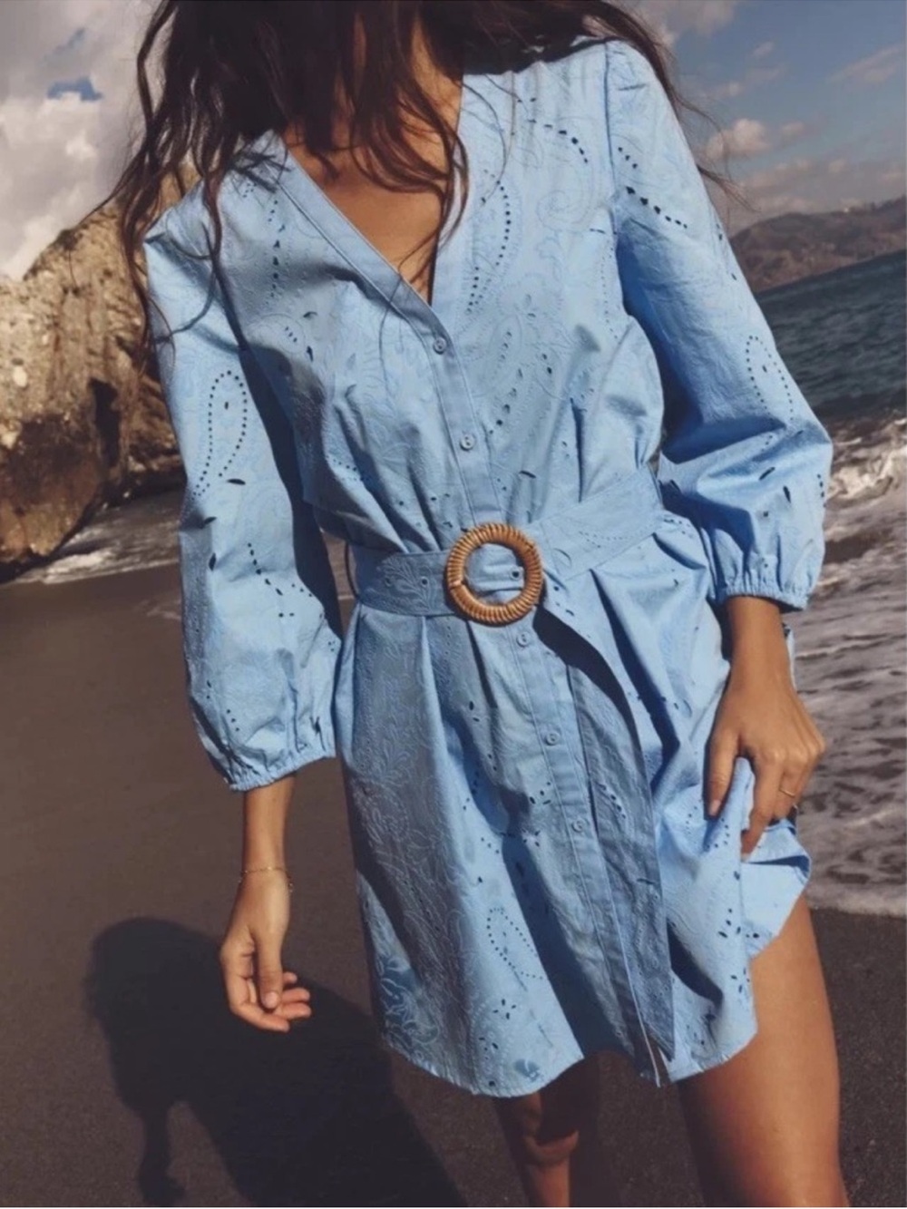 Zara Light Blue Eyelet button Dress with Belt